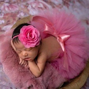 Baby Costume Outfit 2pc Set Pink Tutu & Flower Headband Photography 0-3 Month